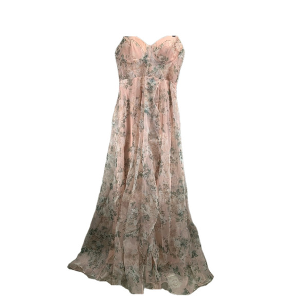 Maniju Floral Dress Women's Medium Blush Sheer Corset Slit Maxi Cottage Whimsy - Picture 1 of 13